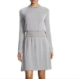 Tory Burch Silver Shimmer Isabelle Metallic Knit Long Sleeve Blouson Dress XS